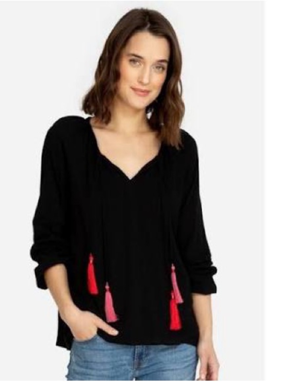 Johnny Was CALME Black V-Neck Top with Pink-Red Tassels Peasant Boho Size S
